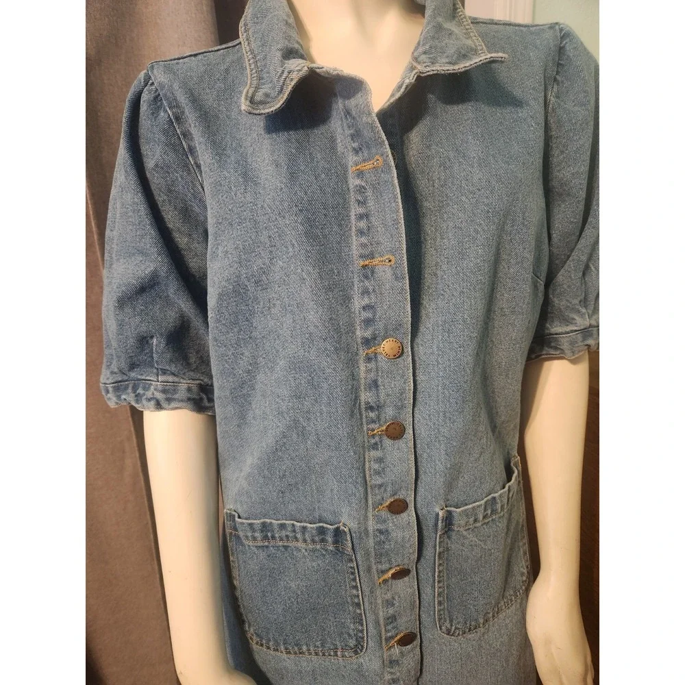 Vtg Velvet Heart 100% Cotton Denim Button Up Dress Puff Sleeve Pockets Y2k  S/M - Picture 6 of 13
